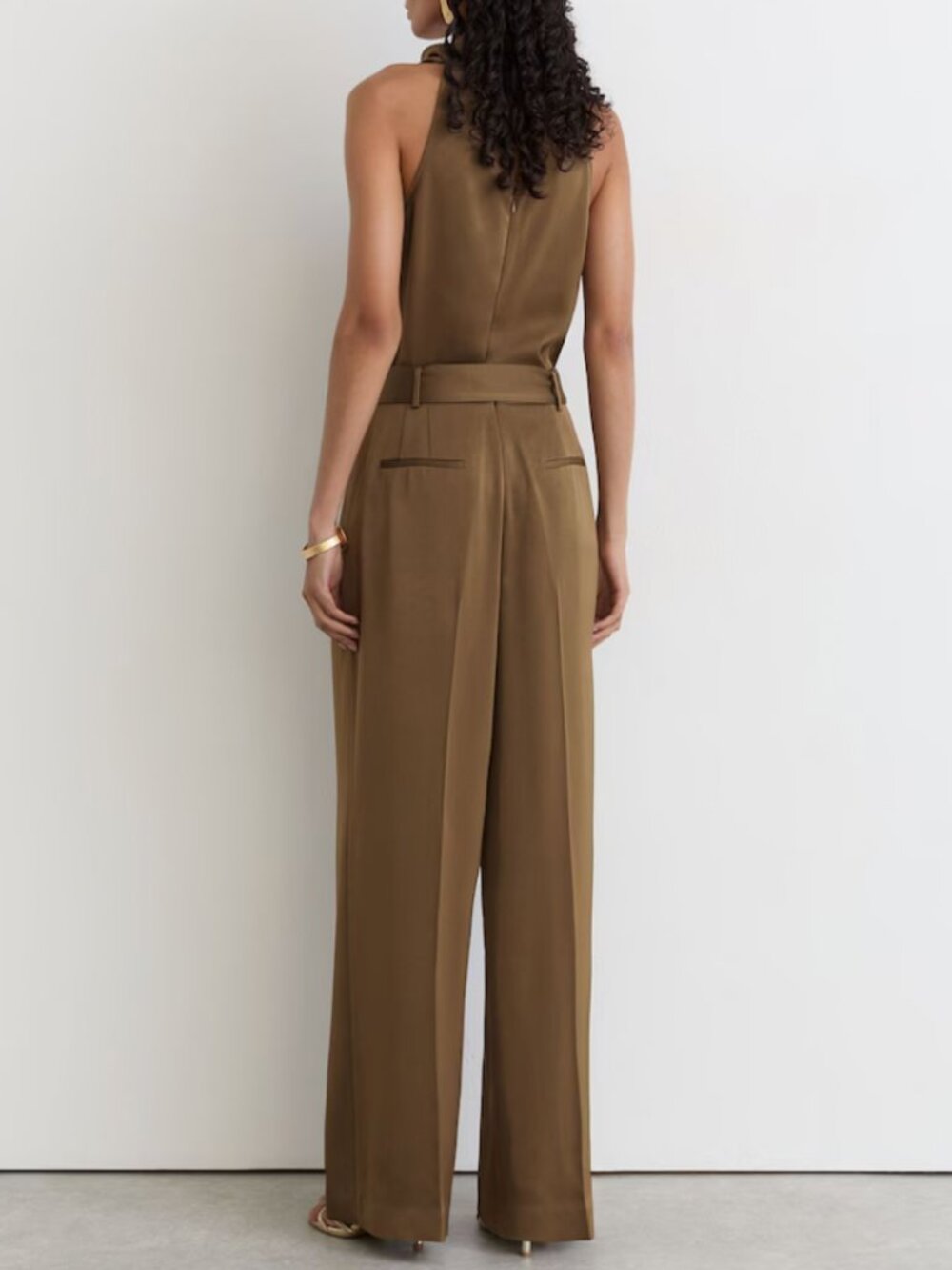REISS Erica Satin Jumpsuit Khaki Green Cowl-Neck Wide-Leg Quiet Lux Classic - Picture 3 of 14